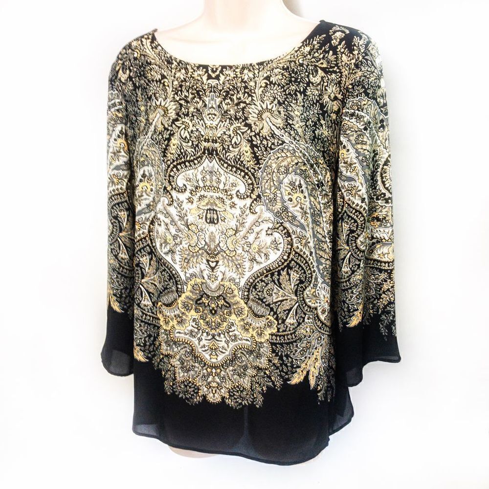 Rose & Olive Lightweight Black/Cream Baroque Print Blouse Sz M